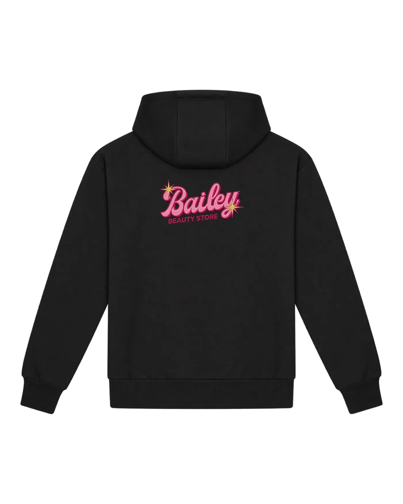 Hoodie noir avec un lettrage brodé rose dans le dos