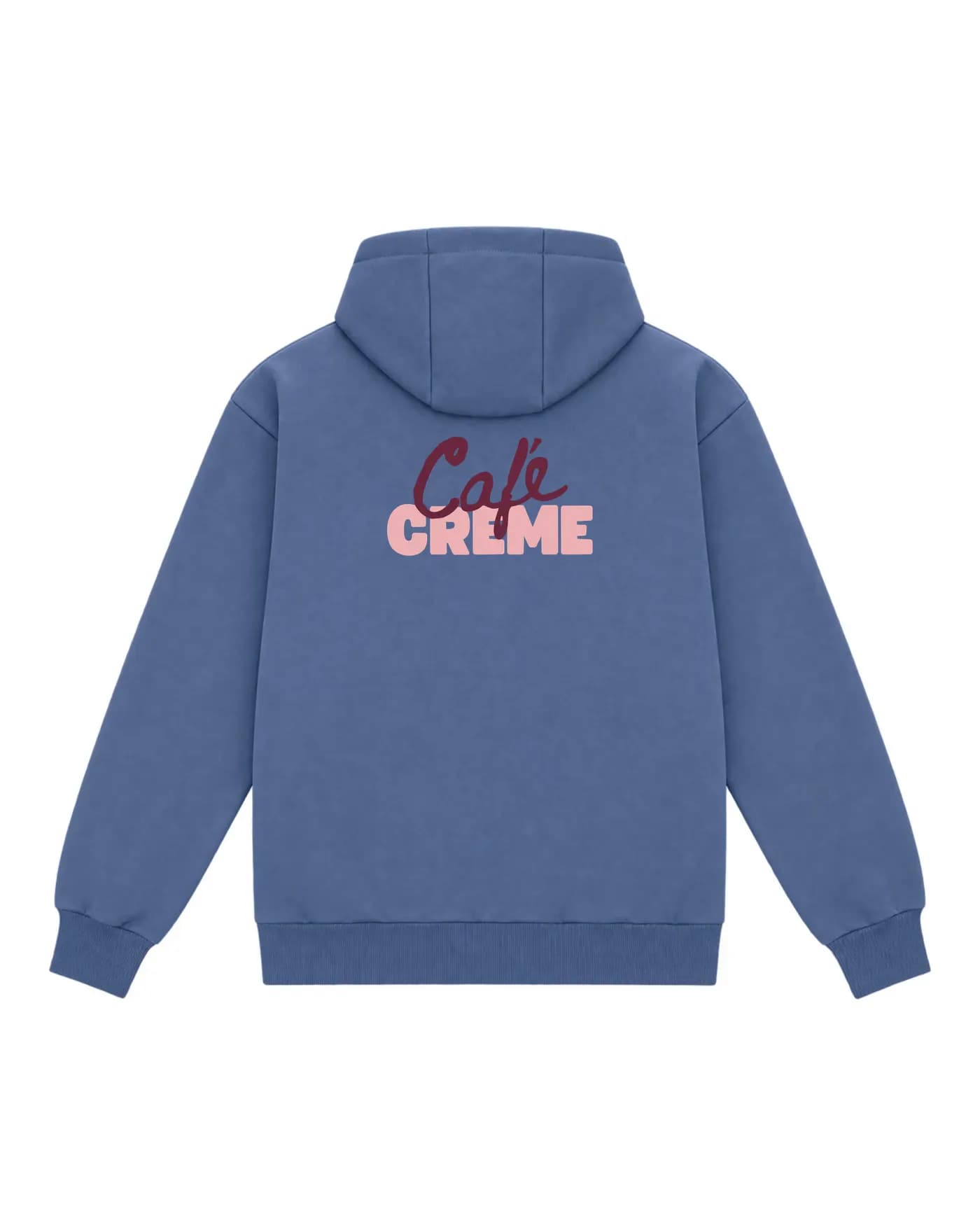 Le même logo dans le dos d’un hoodie bleu denim, imprimé d’un côté, brodé de l’autre, impression