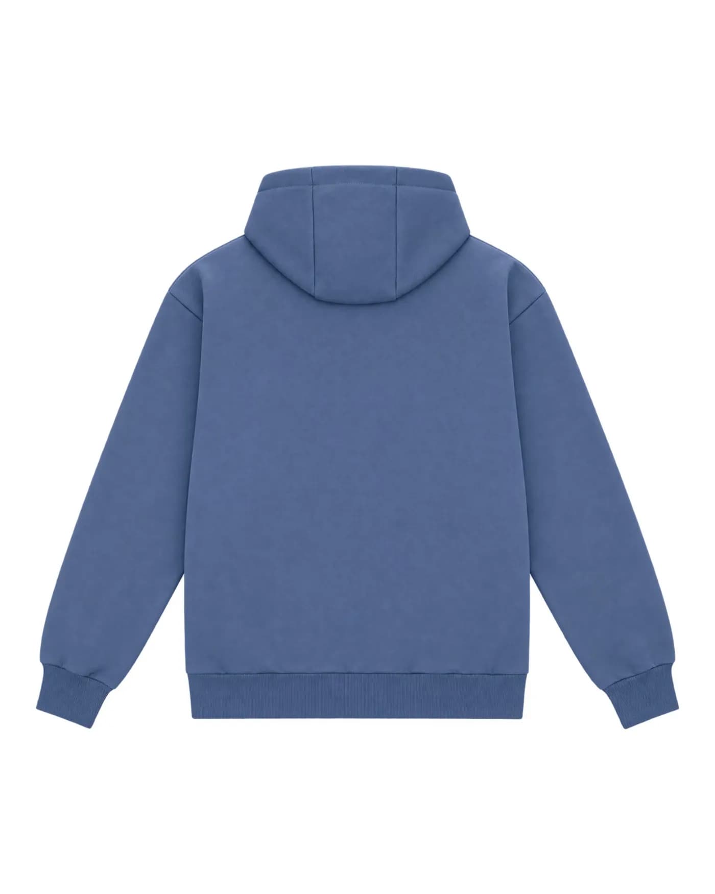 Logo Café Crème brodé au fil rose et bordeaux dans le dos d’un hoodie bleu denim, hoodie nu