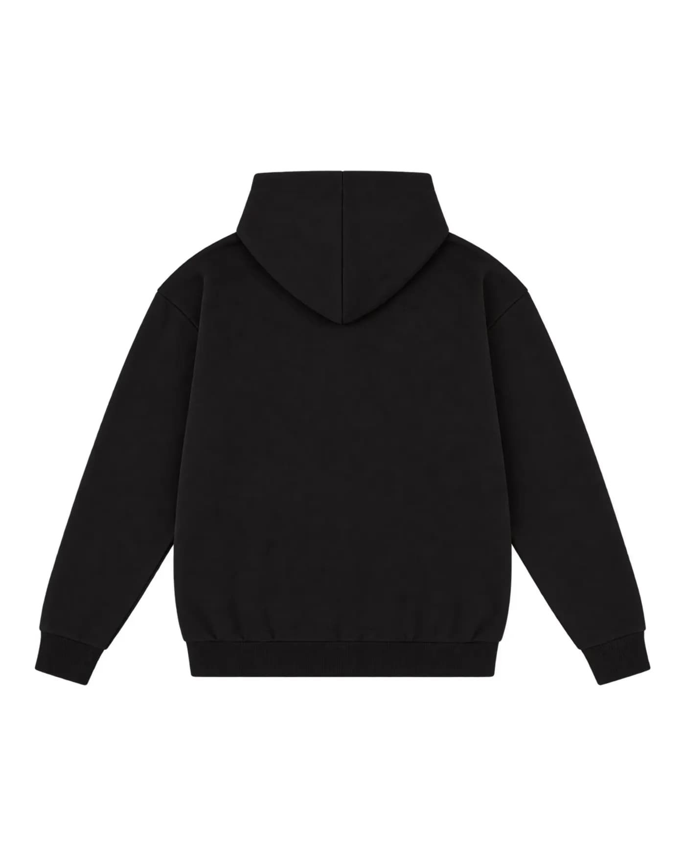 Lettrage multicolore imprimé dans le dos d’un hoodie noir, pièce unique, hoodie nu
