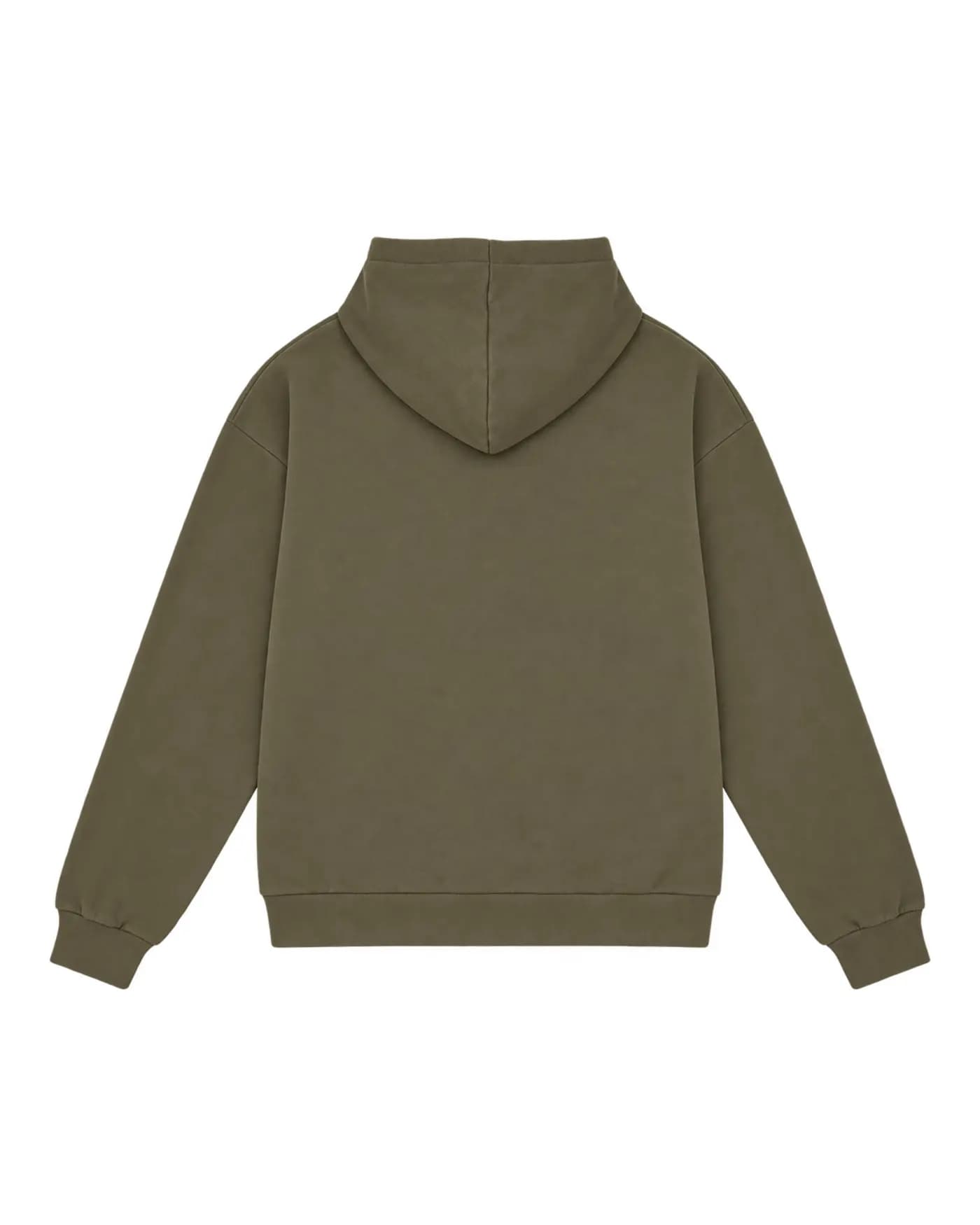 Visuel Sound Fest imprimé en jaune dans le dos d’un hoodie olive, hoodie nu