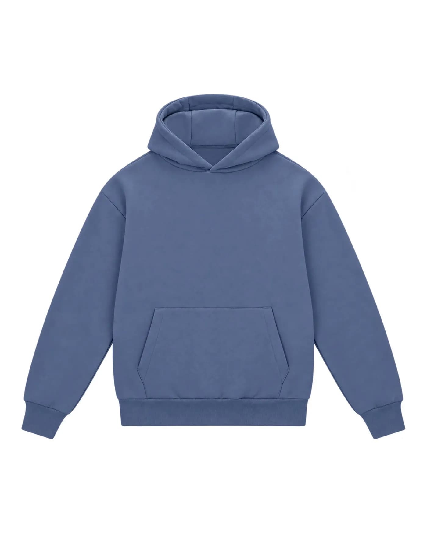 Logo Studio Pilates brodé côté cœur sur un hoodie bleu denim, hoodie nu