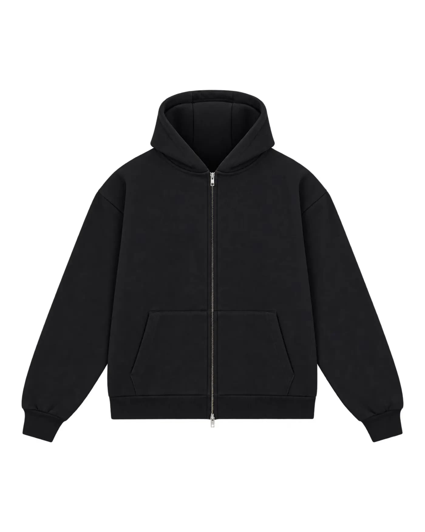 Logo Café Crème brodé côté cœur sur un hoodie zippé noir, zippé nu