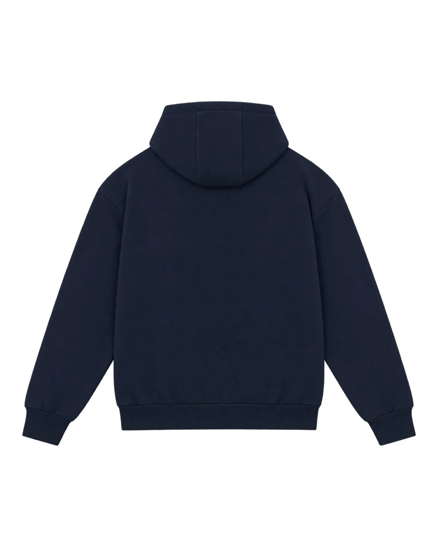 Logo brodé au fil rouge dans le dos d’un hoodie zippé bleu marine, hoodie nu